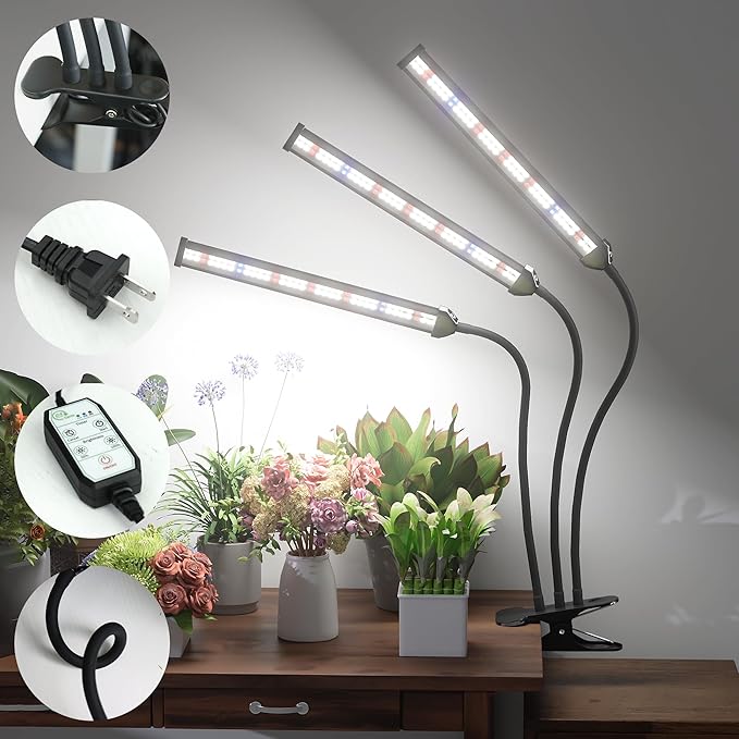 GooingTop Grow Light LED Gooseneck Lamp,Triple-Head Full Spectrum 222 LED Plant Lamp with Red Blue Light Clip-on Desk for Indoor Plants Growing,Diming & Auto Timer