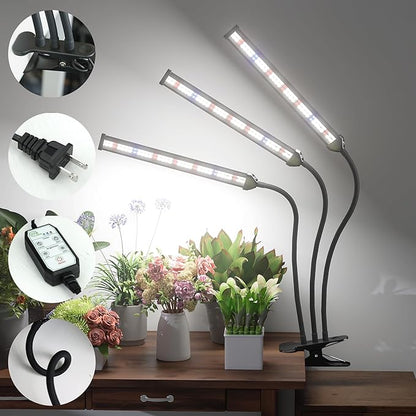 GooingTop Grow Light LED Gooseneck Lamp,Triple-Head Full Spectrum 222 LED Plant Lamp with Red Blue Light Clip-on Desk for Indoor Plants Growing,Diming & Auto Timer