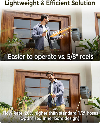 GLAHODEN Retractable Garden Hose Reel 1/2 in x 115 ft, 2025 Upgraded Dual Ratchet Lock UV & Freeze Protection Brass Seal Slow Retraction Anti-Tangle Hose 180°Swivel Reinforced Scaffold Wall Mount