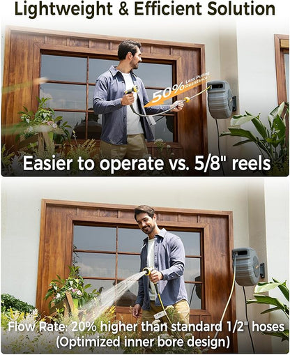 GLAHODEN Retractable Garden Hose Reel 1/2 in x 130 ft, 2025 Upgraded Dual Ratchet Lock UV & Freeze Protection Brass Seal Slow Retraction Anti-Tangle Hose 180°Swivel Reinforced Scaffold Wall Mount