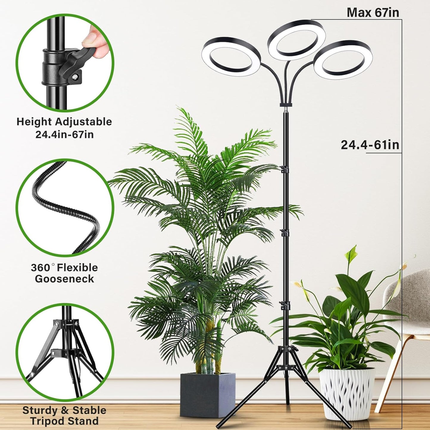 LORDEM Grow Light for Indoor Plants, 7.9" Diameter Tri-Head Plant Light for Plants Growing, Full Spectrum Growth Lamp with Auto Timer 3/6/12H, 4 Dimmable Levels, 3 Lighting Modes, Adjustable Stand
