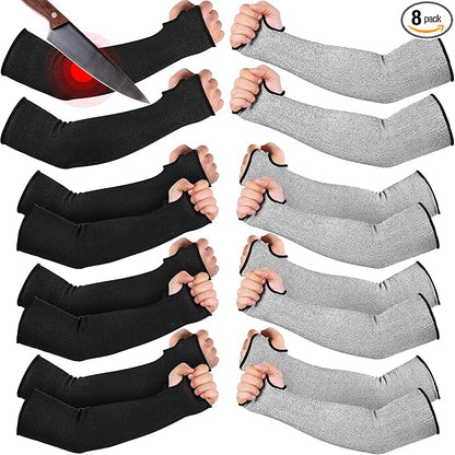 JaGely 8 Pairs Level 5 Cut Resistant Sleeves with Thumb Hole 18 Inches Arm Protection Sleeve Farmer Gardening (Black,Gray)