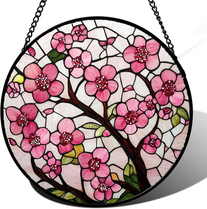 Stained Glass Window Hanging - Cherry Blossoms Birth Flower Suncatcher for Door Garden Patio Sun Catchers Decor Christmas Mother's Day Birthday Gifts for Women Mom Nana Friend Wife 11.8 in