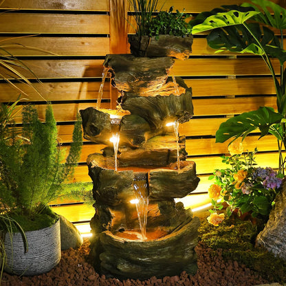 40.5" H Outdoor Water Fountain 5 Tiers Large Cascading Wooden Imitative Wood Natural Waterfall Outdoor Fountain Resin Imitation Wood with LED Lights for Garden, Patio, Porch