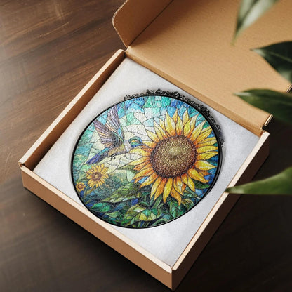 Hummingbird Stained Glass Suncatcher, Sunflower Window Hanging Stained Glass Suncatcher Hummingbird Window Hanging Garden Decor for Mom, Grandma, Birthday Gifts for Women Bird Lovers