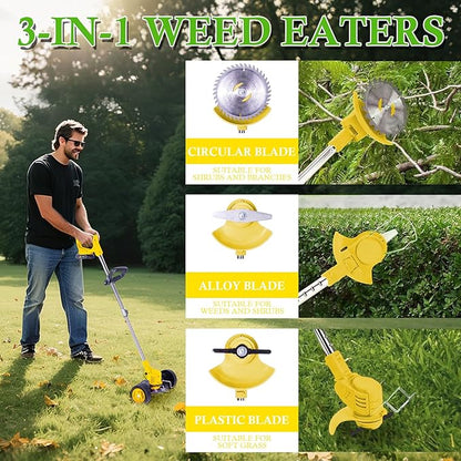 Weed Wacker Cordless Adjustable Weed Eaters 3 in 1 Electric String Trimmer Lawn with Two Battery with Charger Comes with Multiple Blades for Yard,Green,Garden(Yellow)