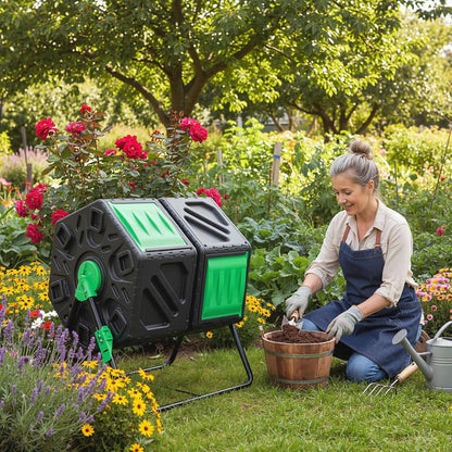 Dual Chamber Outdoor Compost Tumbler, Heavy-Duty Rotating Composter with Aeration & 2 Sliding Doors, 34.5 Gallon Composting Bin for Garden Kitchen Yard Waste
