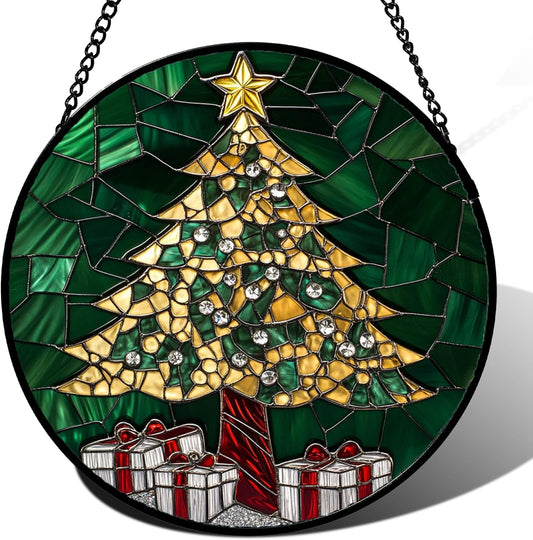 Stained Glass Window Hanging - Gold Green Christmas Tree Suncatcher for Doors Home Christmas Decoration Winter Sun Catcher Thanksgiving New Year Birthday Gifts for Women Men Mom Nana 6.3 in