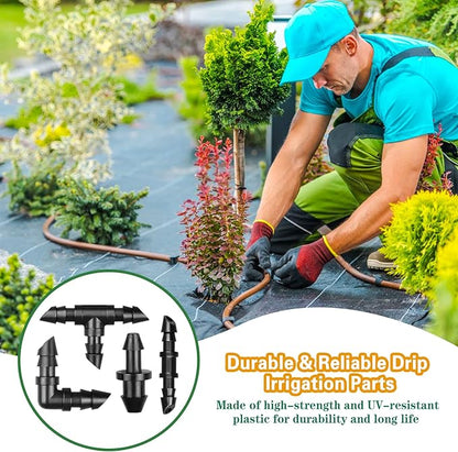 1/4 Inch Drip Irrigation Fittings Kit：140 Pieces Drip Irrigation Parts with Sharp End for 1/4" Irrigation Tubing Barbed Connectors for Home Garden 60 Couplings 50 Tees 20 Elbows 10 Goof Plugs