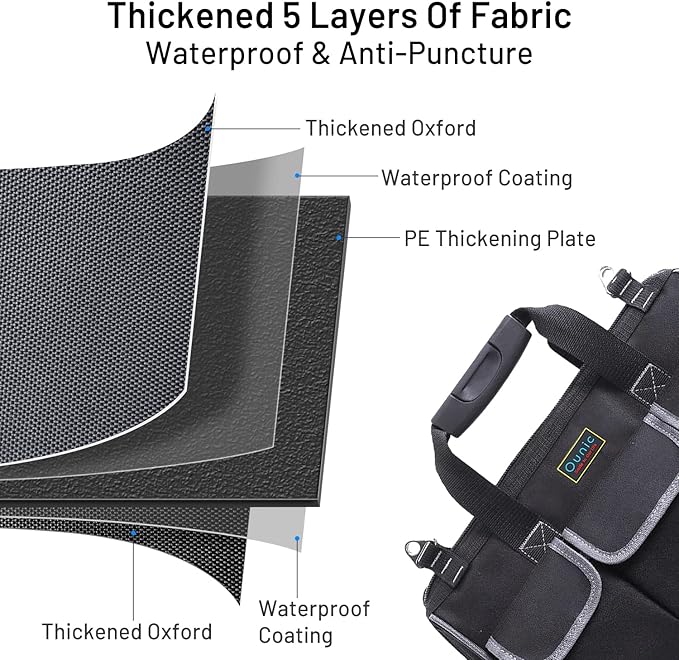 Tool Bag, Ounic 22 Inch Large Heavy Duty With Wide Mouth and Waterproof Strong Molded Base tool Organizer with Adjustable Shoulder Strap Specially Designed for Various Tools（Black)