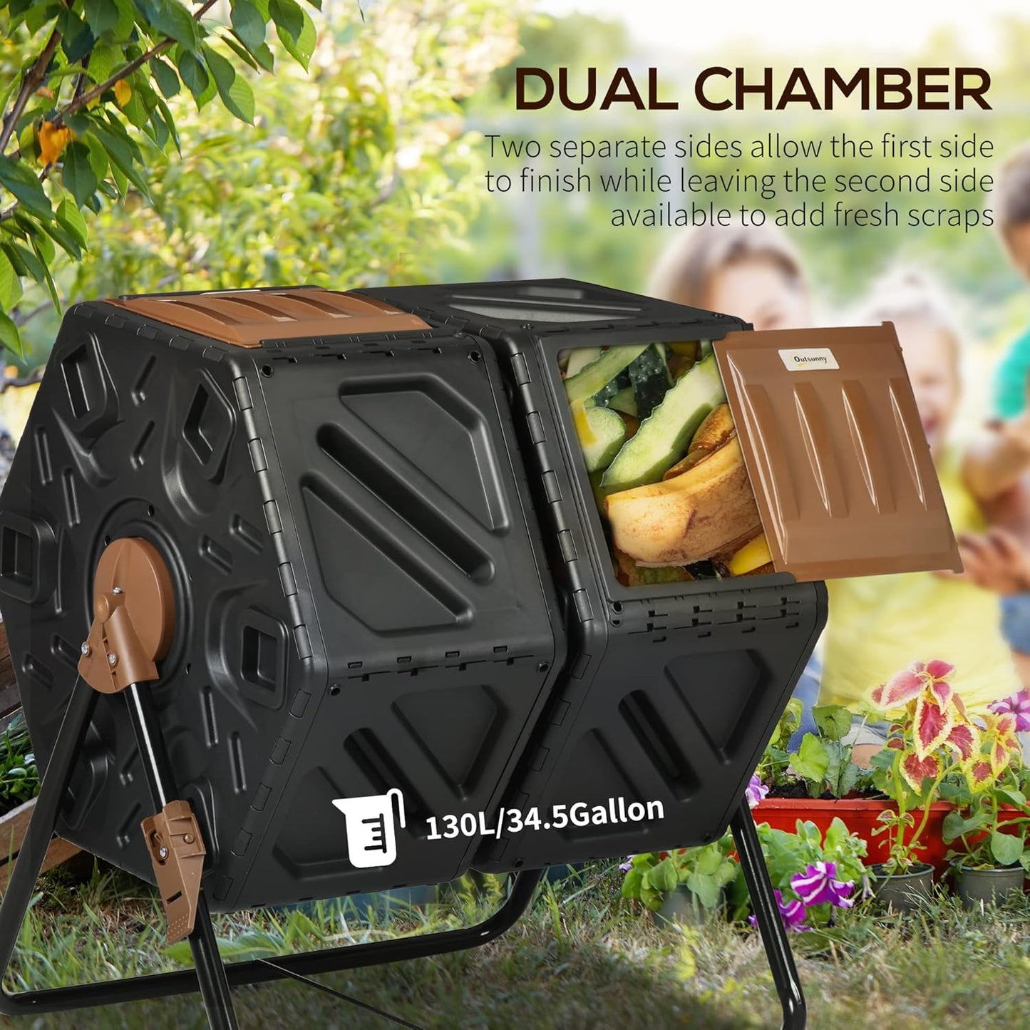 Dual Chamber Compost Tumbler Bin, Outdoor Tumbling Composter with 24 Ventilation Openings and Steel Legs, 34.5 Gallon
