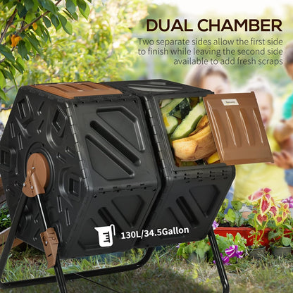 Outsunny Dual Chamber Compost Tumbler Bin, Outdoor Tumbling Composter with 24 Ventilation Openings and Steel Legs, 34.5 Gallon