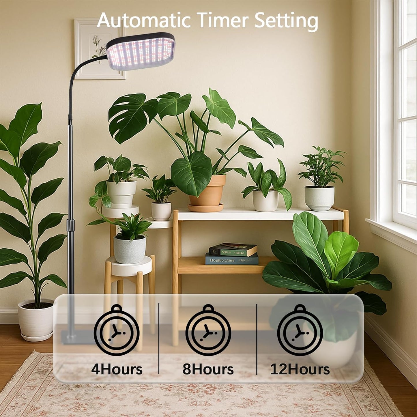 Square Grow Light for Indoor Plants, 336 LEDs 6000K Full Spectrum 12V 3A High Power Floor Plant Light with Stand for Indoor Large Tall Plants Faster Growing, 4/8/12H Timer & Height Adjustable 16-29"