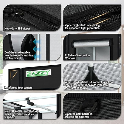 zazzy Grow Tent, 96“x48 x78 Plant Growing Tents 600D Mylar Hydroponic Indoor Grow Tent with Window, Kit Bag & Floor Tray 8x4 Growing Tent