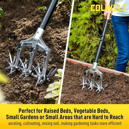 Colwelt Rotary Cultivator Garden Tool 61’’, Hand Tiller Garden Tool with Detachable Aluminum Tines, Cultivators for Gardening Soil or Reseeding Grass, Manual Cultivators & Tillers for Flowers Beds
