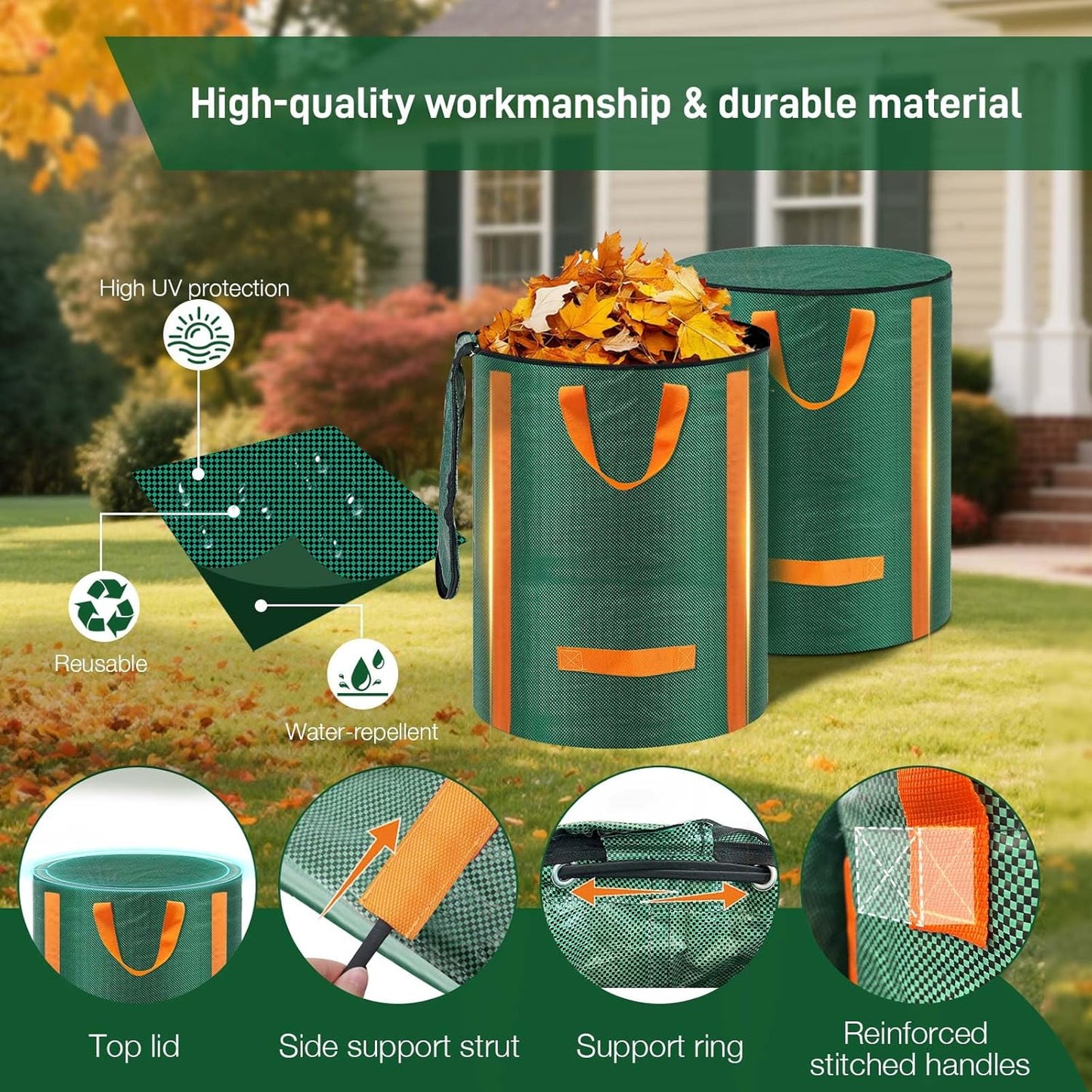 Reusable Yard Waste Bags 3 Packs 32 Gallon Standable Garden Bags for Leaves with Reinforced Carry Handles Heavy Duty Collapsible Yard Waste Containers for Leaves, Lawn Debris & Grass Clippings