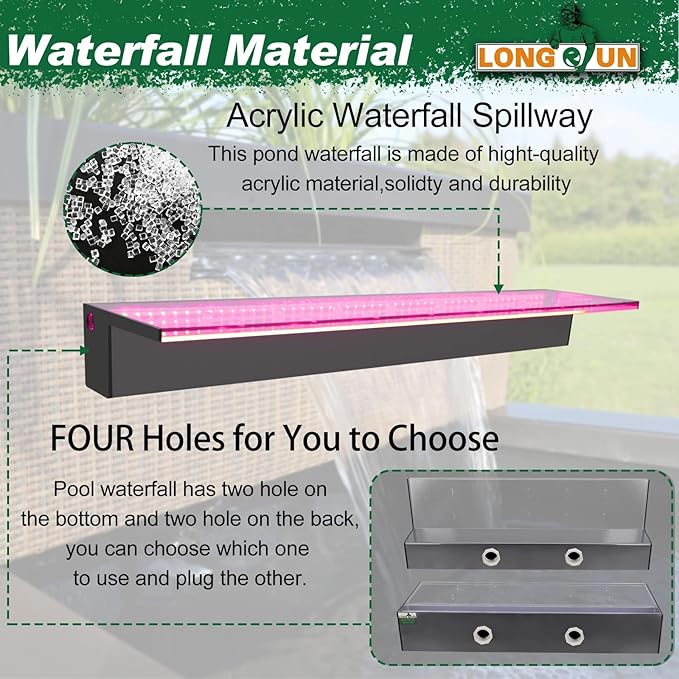 LONGRUN Acrylic Waterfall Spillway Multi-Color LED Light Pool Fountain, Water Spillway Outdoor Koi Pond Waterfalls Fountains Kit for Garden Koi Ponds Patio Swimming Pool Decoration-35.4"