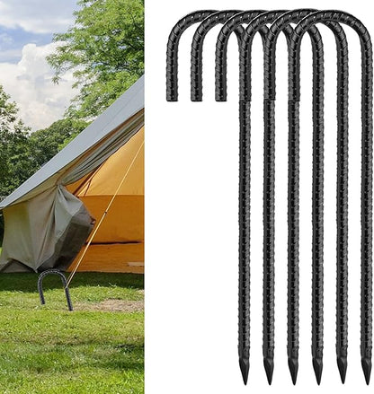 Black Rebar Stakes 12inx6mm Galvanized J Hook 6pcs – Heavy Duty Ground Tent Stakes for Fence,Bounce House,Outdoor Plants,Artificial Turf,Dog Coop,Metal Stakes for Christmas Decorations