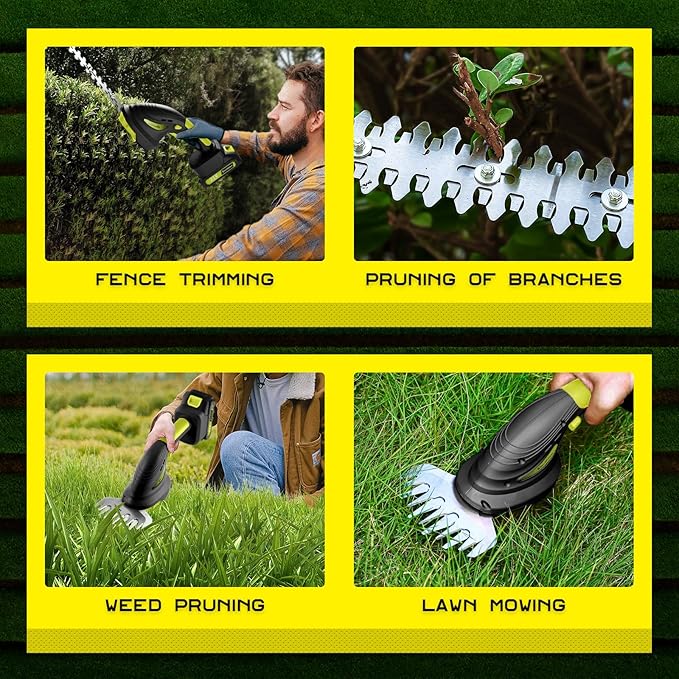 Cordless Hedge Trimmer - 2 Pack 21V Battery with Charger Powered Electric Trimmers, 2 in 1 Handheld Hedge Shears + Grass Cutter Pruning Shrub Cutting Small Branch Tool for Bush,Tree,Garden,Lawn,Yard
