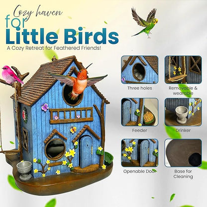 Enchanted Forest Outdoor Birdhouse for Hanging - Deluxe Multi-Family Design, Multiple 1.65" Entrance Holes, Swing Perch, Seed Tray, Water Dish, Butterfly & Flower Accents, Weather Resistant Resin