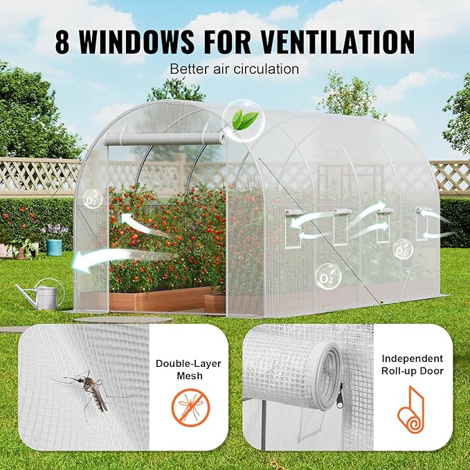 VEVOR Walk-in Tunnel Greenhouse, 14.6x6.4x6.3 ft Hoop House Greenhouse Tunnel, Plant Hot House with Galvanized Steel Frame, White PE Cover, Roll-up Zipper Door and 8 Windows for Outdoor