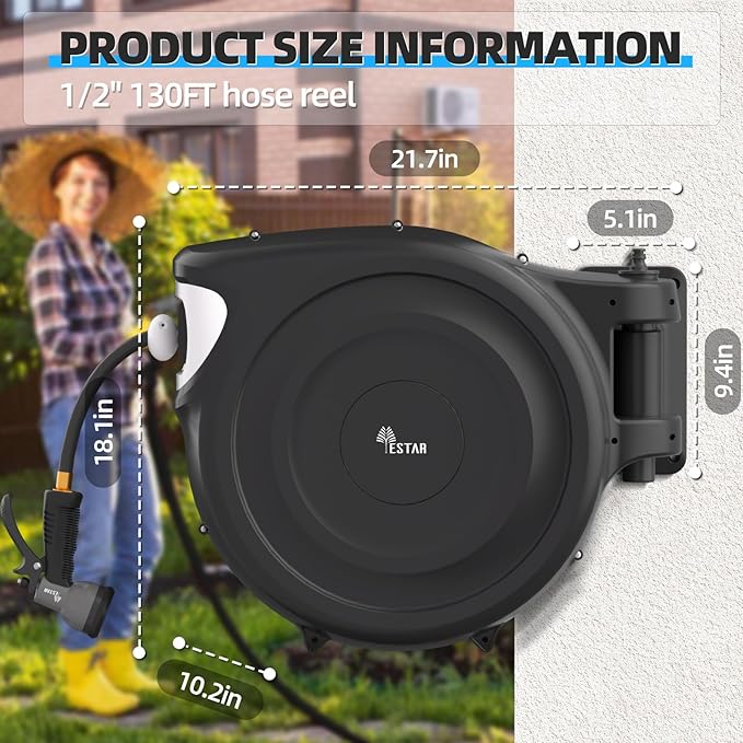 Retractable Garden Hose Reel 1/2"x130 ft, Automatic Hose Reel with 7 Pattern Nozzle,Any Length Lock Wall Mounted &180 Deg Swivel