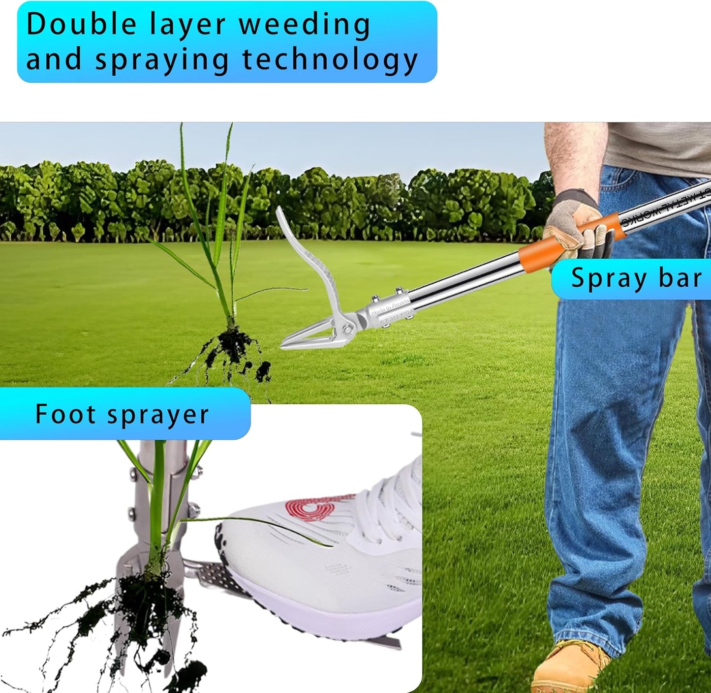YYMIYU 52" Stand Up Weed Puller Tool – 4-Claw Stainless Steel Weeder with Grass-Pushing & Weed-Ejection Design – Heavy-Duty 0.8mm Steel Handle for Effortless Root Removal