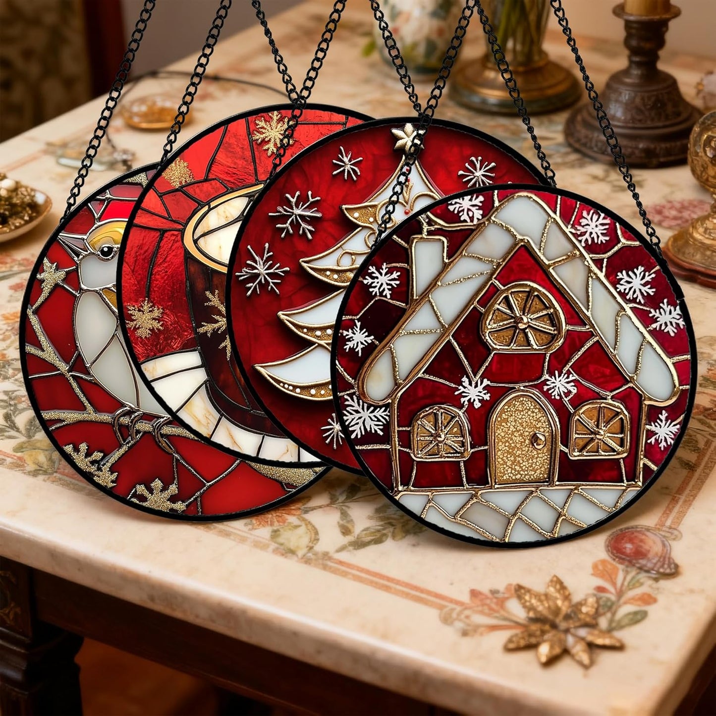 Stained Glass Window Hanging 4 Pcs Set Red Christmas Themed Decorations Large 11.8" - Suncatcher Door Garden Sun Catcher Decor Birthday New Year for Mom Woman Nana Men