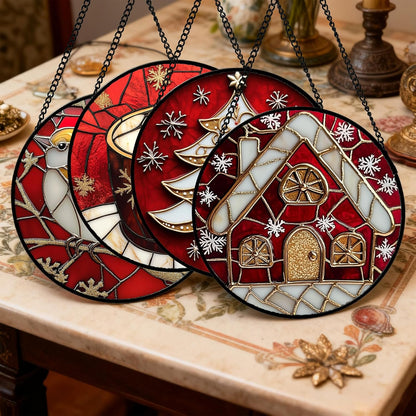 Stained Glass Window Hanging 4 Pcs Set Red Christmas Themed Decorations Large 11.8" - Suncatcher Door Garden Sun Catcher Decor Birthday New Year for Mom Woman Nana Men