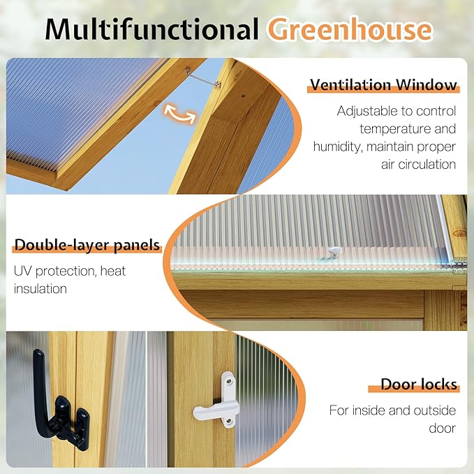 Jocisland 6x8x6.5 Ft Wooden Greenhouse, Pre-Assembled Solid Cedar Frame, Walk-in Design, Lockable Door, Adjustable Roof Vents, Polycarbonate Panels for Outdoor, Garden, Backyard