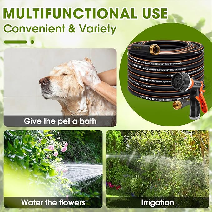 Heavy Duty Garden Hose – 5/8 Inch Flexible, Lightweight Hybrid Hose with 600 PSI Burst Pressure, Swivel Handle, and Durable Copper Male/Female Fittings (Black with hose sprayer, 75FT)