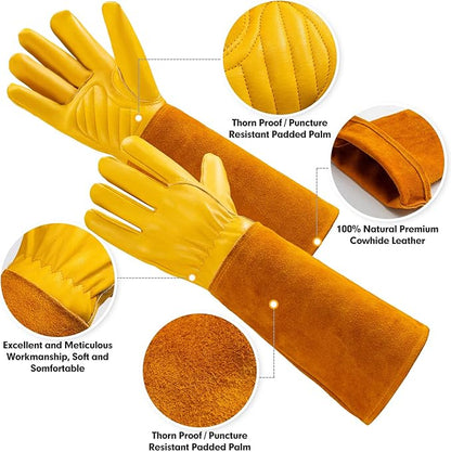 Acdyion Gardening Gloves for Women/Men Rose Pruning Thorn & Cut Proof Long Forearm Protection Gauntlet, Resistant Thick Cowhide Leather Work Garden Gloves