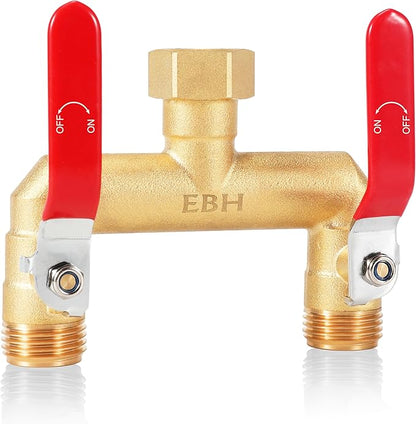 EBH Garden Hose Splitter, 2-Way High Flow Heavy Duty Brass Outdoor Hose Manifold with Extra Long Handles Full Flow Faucet Adapter- 3/4” GHT(Red)