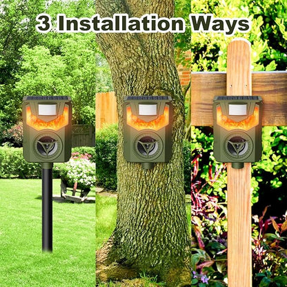 Solar Animal Repeller Ultrasonic Deer Repeller Fox Deterrent with 5 Modes Motion Sensor Flame Light for Repel Squirrel Cat Dog Outdoor Lawn Orchard Garden