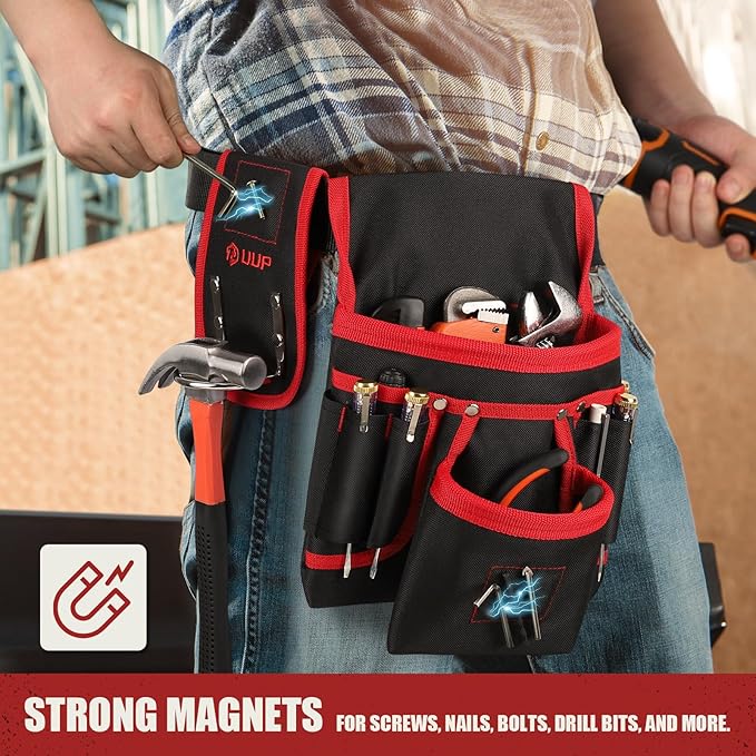 Magnetic Tool Belt for Men, 26 Pockets Heavy Duty Tool Pouch, Magnet Holster Nail Utility Toolbelt Detachable Adjustable Waist Holder for Handyman Contractor Mechanic Plumber Roofer Dad Gift -Red