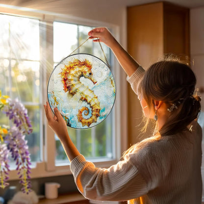 Stained Glass Window Hanging, 8 Inch Seahorse Sun Catcher Decor, Stained Glass Ornament, Suncatchers for Windows Hanging, Window Decor, Seahorse Gifts, Gifts for Ocean Lovers