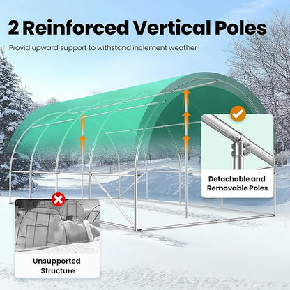 KING BIRD Premium 20x10x6.6FT Greenhouse for Outdoors, Large Walk-in Upgraded Galvanized Metal Frame, Mesh Door Screen Window Improved Zipper Tunnel Hoop for Garden Plant Winter, 2 Stiffeners, White