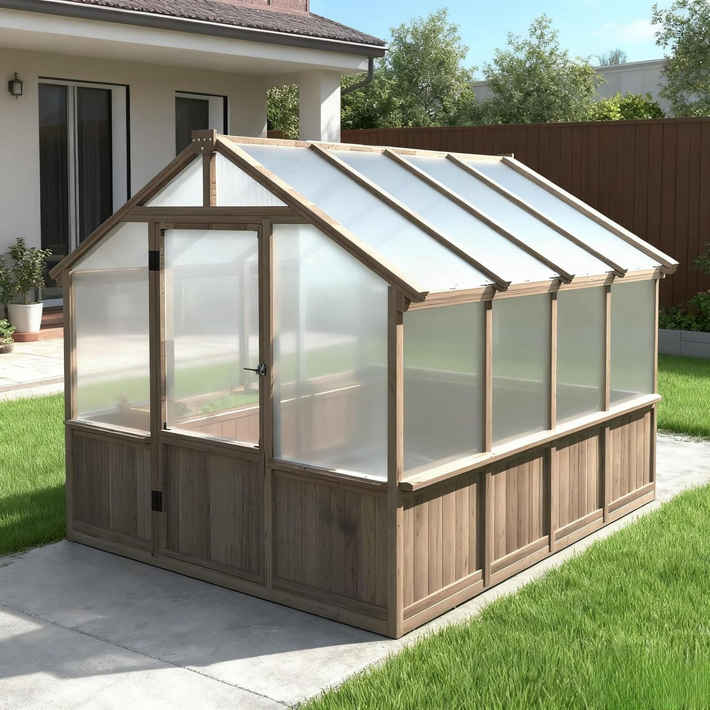 Greenhouse for Outdoor, 6x8ft-8x12ft Wooden WAK-in Greenhouse Kitwith 6MM Thick Polycarbonate Panel, Lockable Door & Adjustable Roof Vent ，Backyard Garden ﻿ (Light Mocha Brown, 6x8 FT)