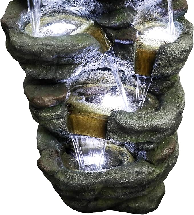 SunJet 51" High Multi-Tiers Cascading Rock Outdoor Water Fountain with LED Lights - Large Outdoor Resin Fountains and Waterfalls for Garden or Patio, Yard, Deck Decor, Featuring Natural Stone Look