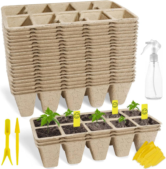 SYITCUN 200 Cells Seed Starter Tray, 20 Pack Biodegradable Seed Starter Kit, Peat Pots for Seedlings with 200 Plant Labels, 2 Seed Planting Tool and 1 Spray Bottle
