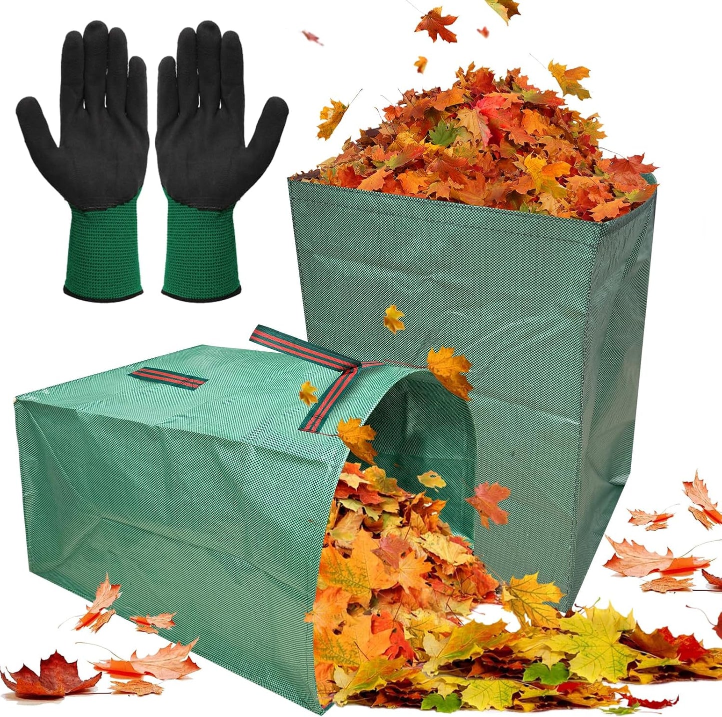 2 Pack 53 Gallons Leaf Bags, Reusable Yard Waste Bags Large Capacity Semi-Circular Dustpan-Type Lawn Bags for Collecting Leaves Sturdy & Waterproof Yard with A Pair of Gloves