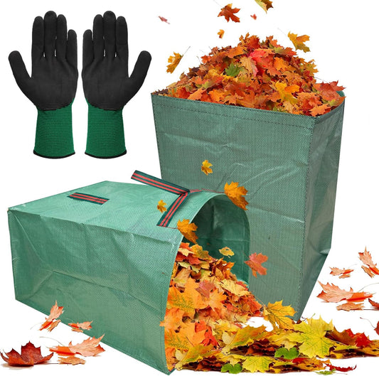 2 Pack 53 Gallons Leaf Bags, Reusable Yard Waste Bags Large Capacity Semi-Circular Dustpan-Type Lawn Bags for Collecting Leaves Sturdy & Waterproof Yard with A Pair of Gloves