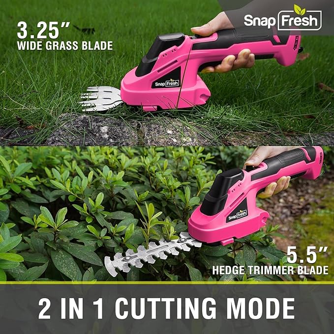 SnapFresh Cordless Grass Shears, 2-in-1 Handheld Hedge Trimmer, 7.2V Electric Grass Trimmer, Lightweight & Portable Hedge Shear with Charger, Shrubbery Trimmer for Garden Yard Lawn(Pink)