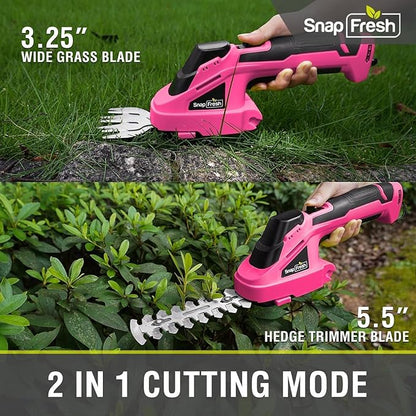 SnapFresh Cordless Grass Shears, 2-in-1 Handheld Hedge Trimmer, 7.2V Electric Grass Trimmer, Lightweight & Portable Hedge Shear with Charger, Shrubbery Trimmer for Garden Yard Lawn(Pink)