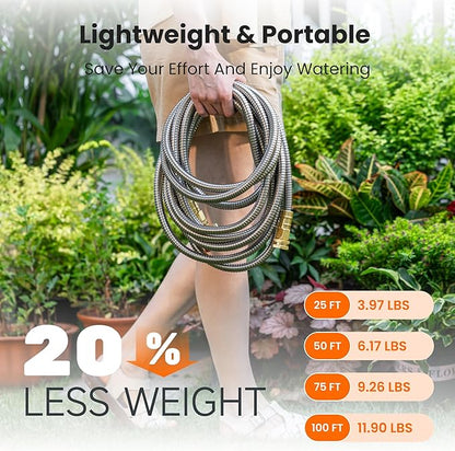 Girafe Tools Garden Hose 75ft x 5/8", 304 Stainless Steel Metal Water Hose, No Kink Garden Water Hose with 9 Pattern Spray Nozzle, Flexible, Lightweight, Kink Free Hose for Yard, Outdoor