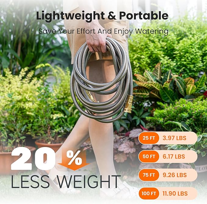 Giraffe Tools Garden Hose 50ft x 5/8", 304 Stainless Steel Metal Water Hose, No Kink Garden Water Hose with 9 Pattern Spray Nozzle, Flexible, Lightweight, Kink Free Hose for Yard, Outdoor