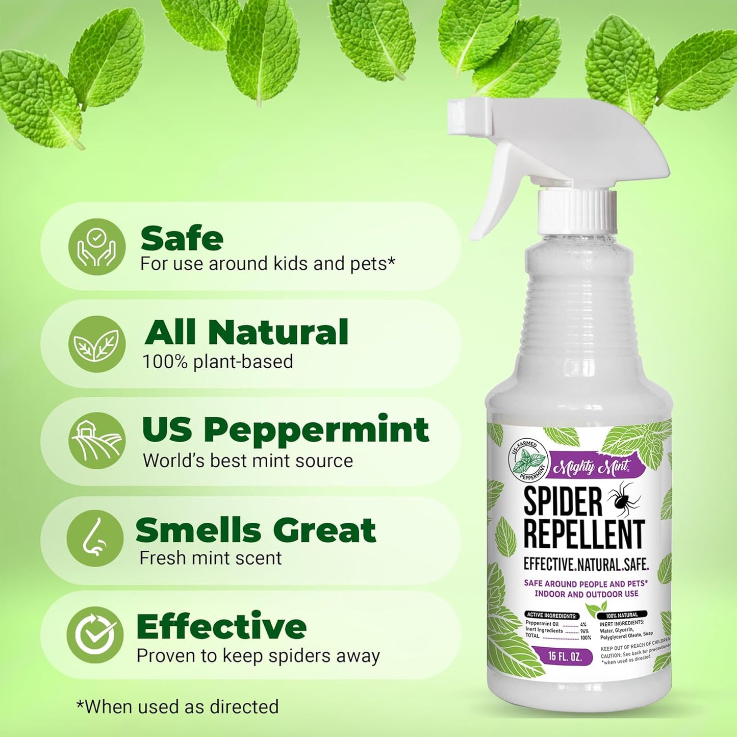 Mighty Mint Peppermint Oil Spider Repellent Spray – Natural Indoor & Outdoor Bug Control for Spiders and Insects – Plant-Based, Extra-Strong Formula - 16 oz