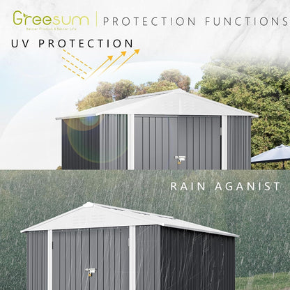 Greesum 8x6FT Outdoor Storage Shed, Utility Tool Shed Metal Storage Garden Shed with Door & Lock for Patio Storage, Gray
