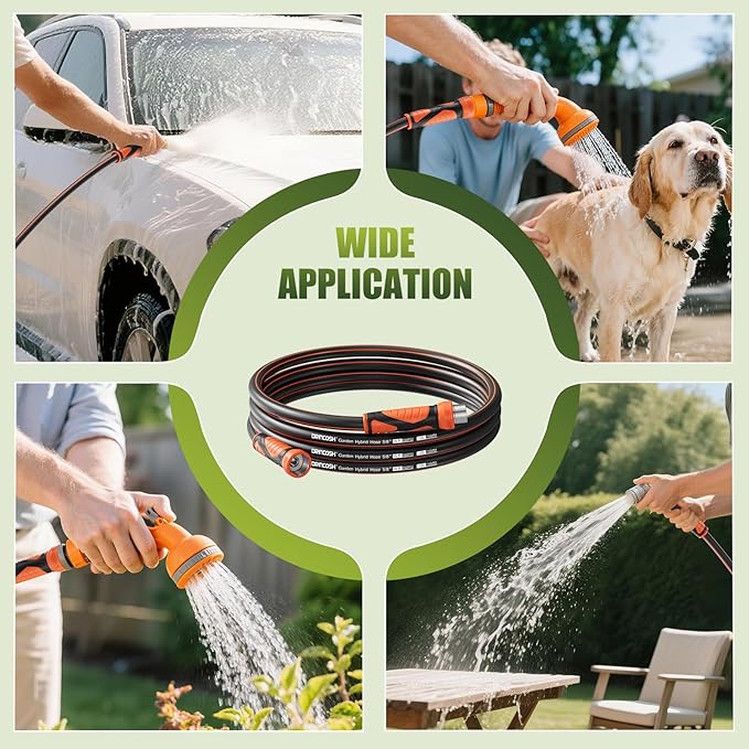 25FT Garden Hose Heavy Duty x 5/8", Lightweight Flexible Water Hose with Nickel-plated Fittings, Kink-Free, Leak-Proof, Easy Storage for Yard Lawn Care Male to Female