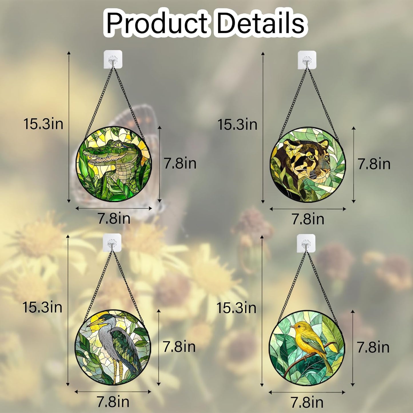 Stained Glass Window Hanging 4 Pcs Set Green Plants Animals Theme 7.8" - Bird Tiger Suncatcher Door Garden Sun Catcher Decor Birthday for Mom Woman Nana Men Friend